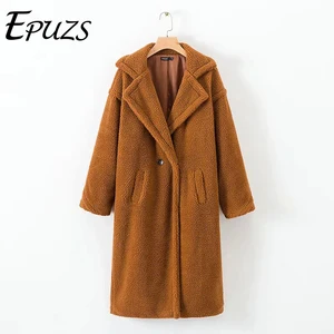 Женское зимнее пальто с искусственным мехом, теплое длинное пальто с карманами, двубортное пальто с длинным рукавом и искусственным мехом, повседневное зимнее пальто для женщин