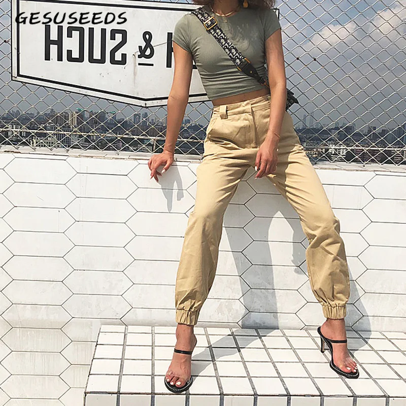 Брюки карго женские с эластичной завышенной талией повседневные камуфляжные