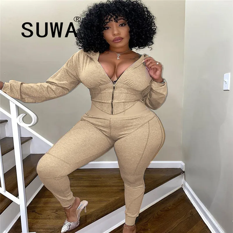 

Hot Sale Loungewear Womens Two Piece Outfits Matching Sets Zipper Long Sleeve Jacket Top Jogger Pants Sexy Fitness Wear