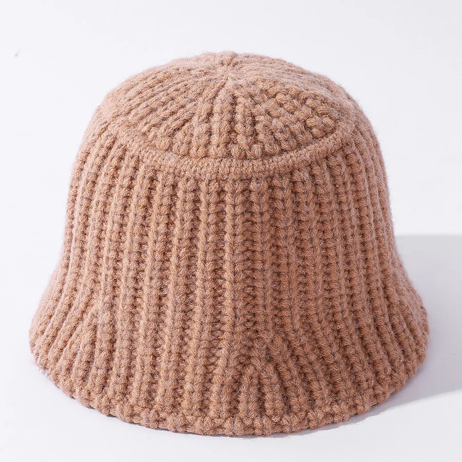 

YQYXCY Women Hat Winter Autumn Solid Color Striped Thick Warm Knitted Fisherman Cap Korean Simple Bucket Hat Female New Gorro