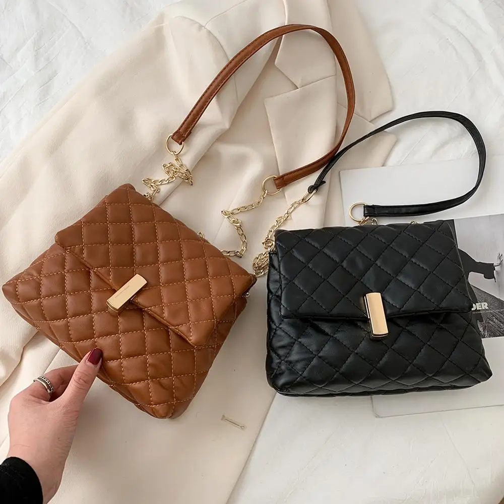 

New Fashion Women Lattice Pattern Pure Color Underarm Shoulder Bags Retro PU Leather Ladies Casual Chain Flap Crossbody Handbags