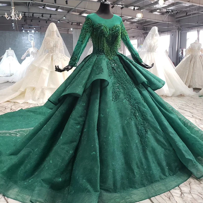 BGW 2020 Green Muslim Evening Dress Plus Size O-neck Long Sleep Green Ball Town Dress Party Evening Town Dubai Dress