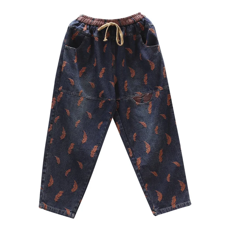 Женские джинсы в стиле ретро с вышивкой листьев винтажные эластичной резинкой на