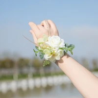 vintage light blue pale green flower wrist corsage handmade flowers hand bracelet with leaf and ribbon