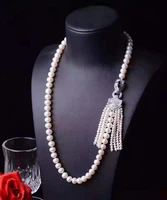 fashion jewelry micro inlaid zircon leopard head accessories 8 9mm white freshwater pearl tassel pendant necklace 65cm long