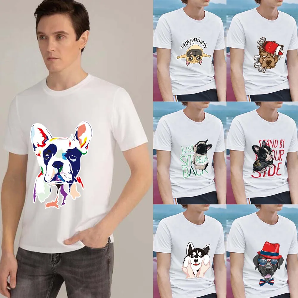 

Men's T-shirt Summer Cute Cartoon Dog Print Series Men's T-shirt Harajuku Style Men's O-neck Fashion White All-match Top