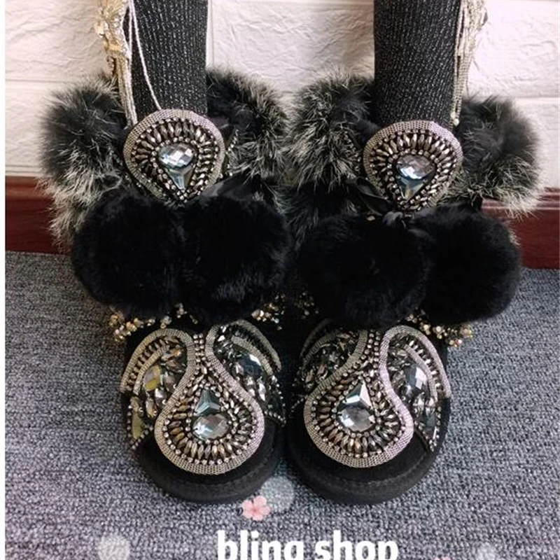 Женские зимние сапоги Новинка 2019 года Зимние с алмазными стразы Теплые кроличьим