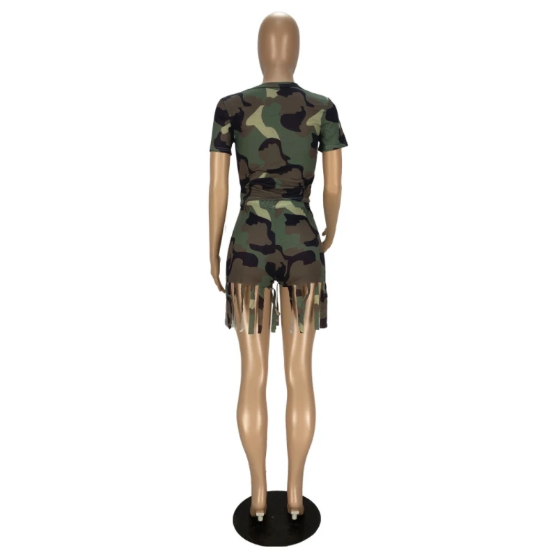 

Cropped Crop Top Tassels Short Sets For Women Camouflage Printed Two Piece Set Sexy Casual Matching Sweat Suit Summer Style 2021