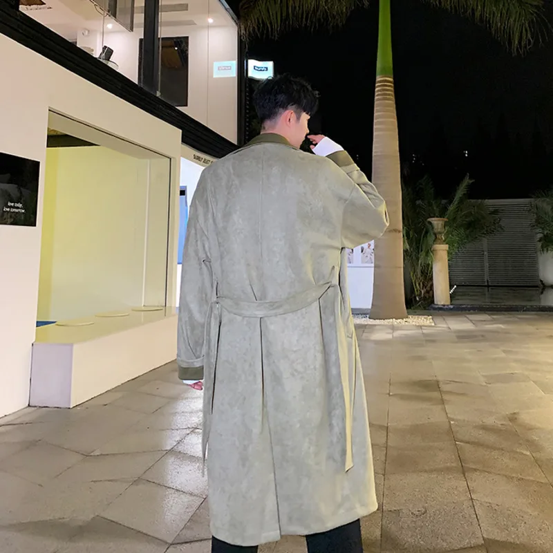 

IEFB Men's Korean Fashion Mid Length Trend Coat 2021 Spring New Bandage Green Causal Vintage Windbreaker With Belt 9Y5432