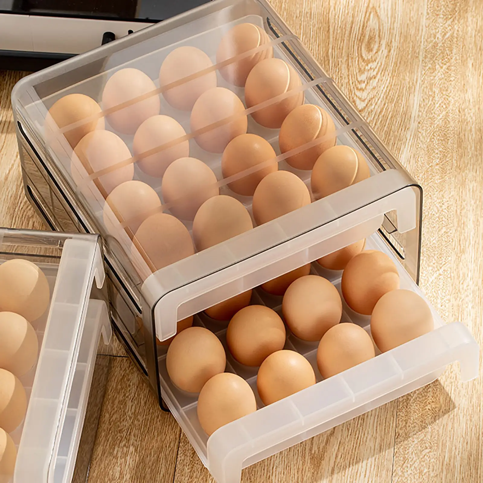 

32 сетки с выдвижными ящиками яйцо держатель двойного Слои Штабелируемый ящик для хранения яиц прозрачный органайзер для яиц лоток с вентил...