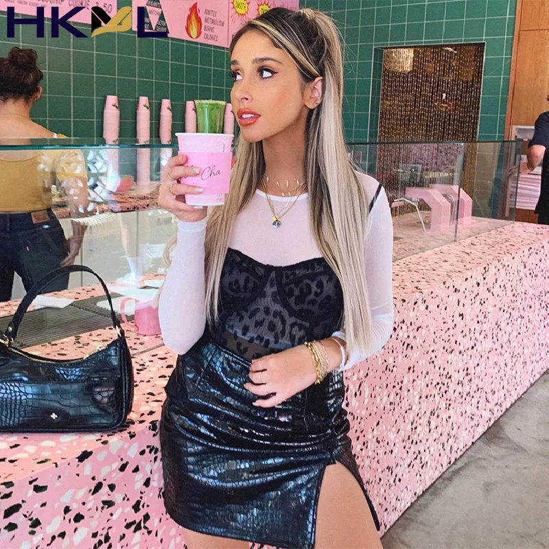 

Женская мини-юбка Articat, черная облегающая юбка из искусственной кожи с разрезом, однотонная мини-юбка с высокой талией в уличном стиле