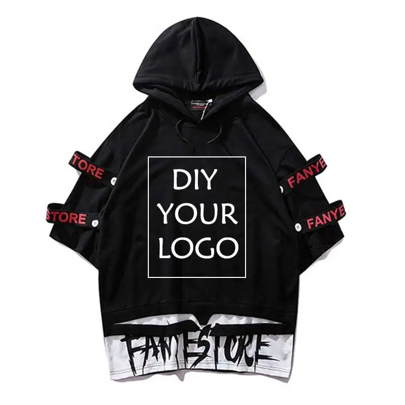 

DIY Your Logo Ribbon T Shirts Hooded Short Sleeve Hip Hop tshirts Oversize Top Tees Streetwear Skate Homme Clothes Wholesale