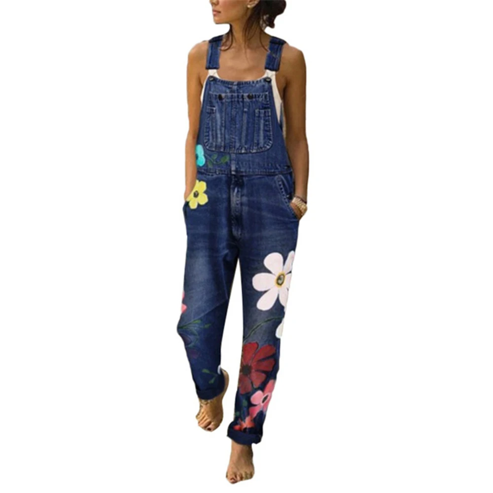 One Piece Denim Jumpsuit for Women Vintage Sleeveless Spaghetti Strap Floral Print Jeans Overalls Ladies Casual Jean Bodysuits |