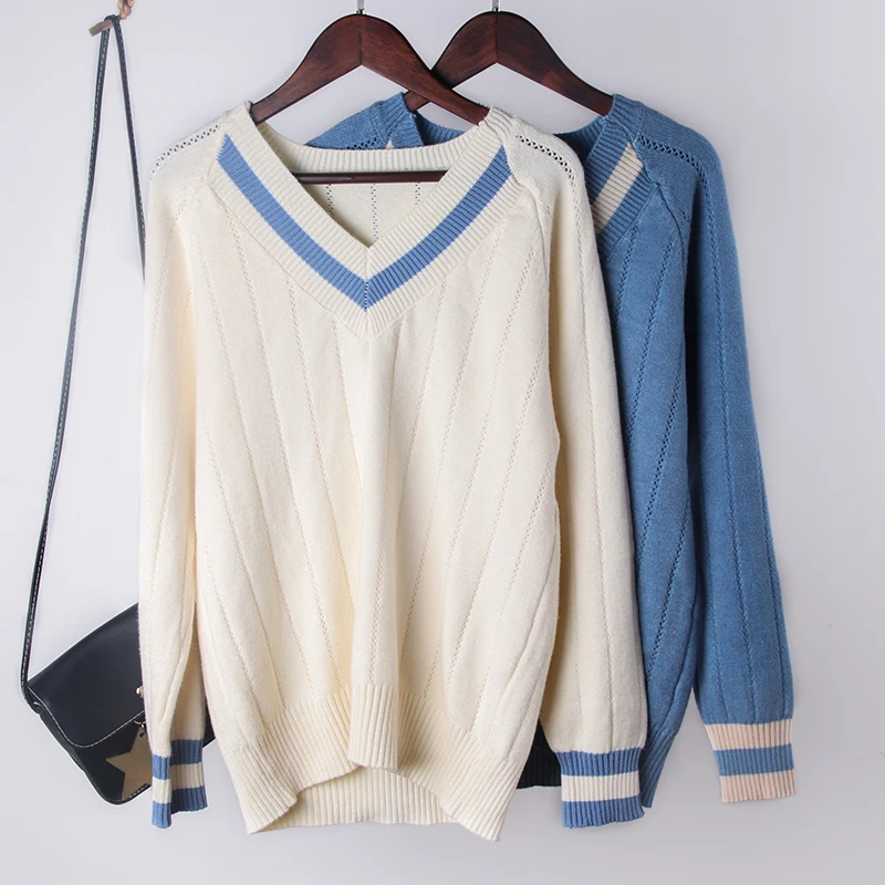Shellsuning/женский свитер с вырезами Зимний пуловер в полоску v-образным вырезом