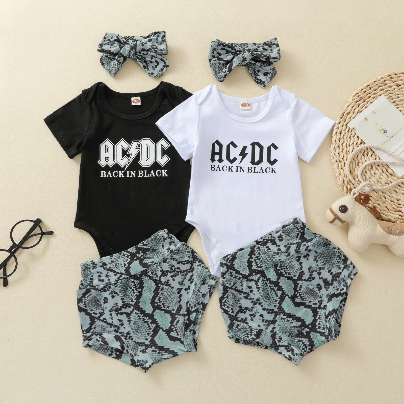 

OPPERIAYA Baby 3Pcs Summer Outfits Short Sleeve Letter Print Round Neck Bodysuit Snakeskin Shorts Bow Headband Casual Set