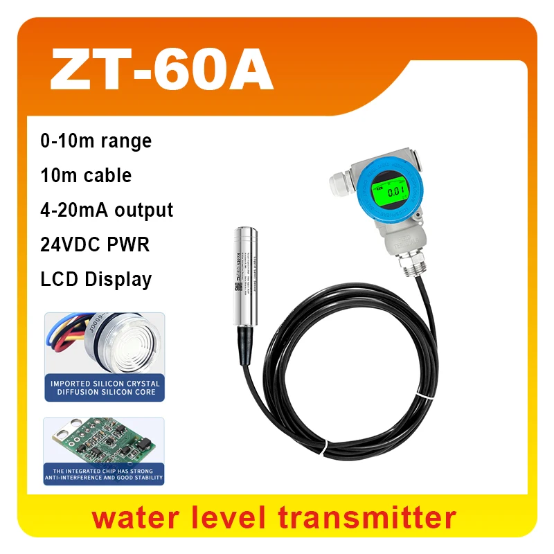

ZT60A LCD Display 4-20mA 0-5V RS485 output IP68 Submersible Water Level Sensor Input Liquid Level Transmitter With 10m Cable