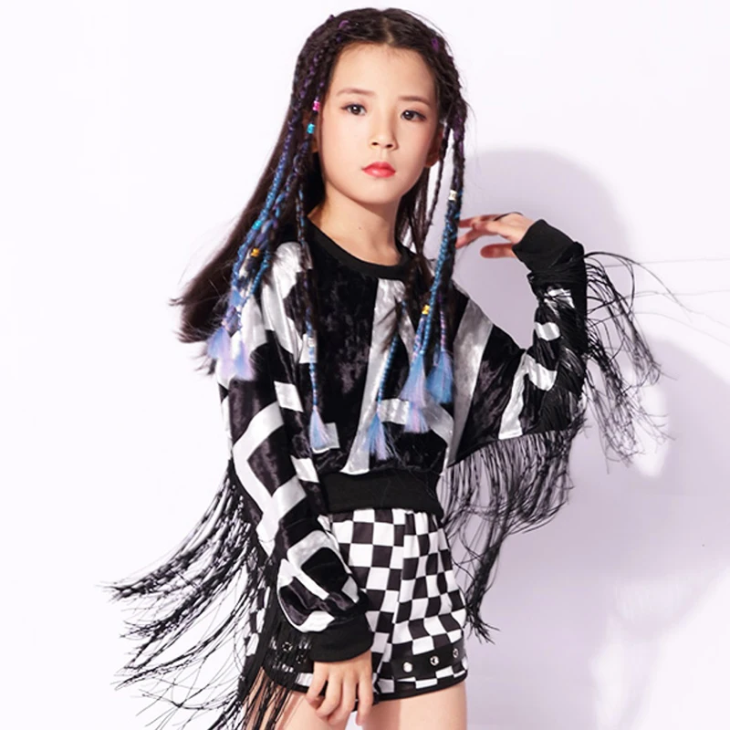 Popular Girls Stage Costume Jazz Tassel Dancing Outfits Children Hip Hop Set Mosaic Kid Street Dance Performance Clothing |