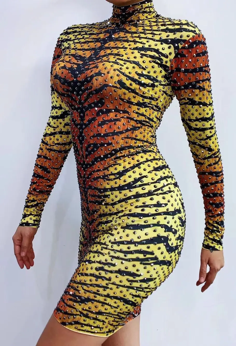 

Sexy Tiger Pattern Printed Rhinestones Long Sleeves Mini Dress Singer Wear Women Birthday Stage Celebrate Costume