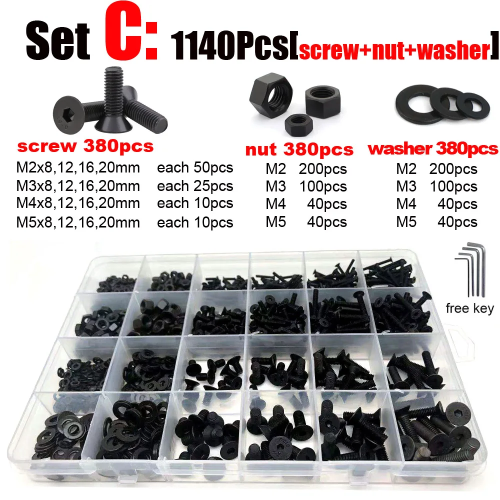 

400/625/1140Pcs M2 M2.5 M3 M4 M5 10.9 Grade Black Steel Hex Socket Countersunk Head Screw Set Bolt and Nut Washer Assortment Kit