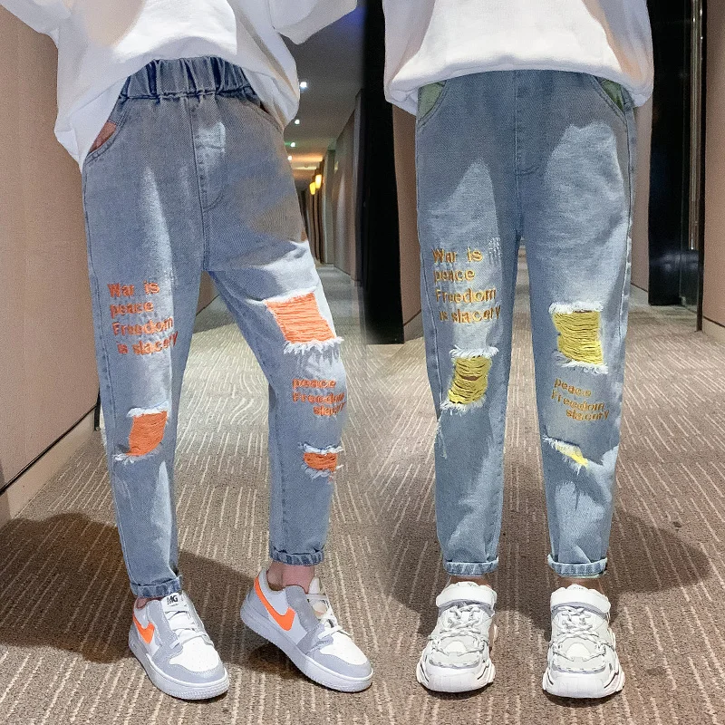 

2021 Fashion Kids Jeans for Girls Spring Fall Hole Denim Pants Girls Casual Ripped Jeans Children Trousers 3 10 12 Years Clothes