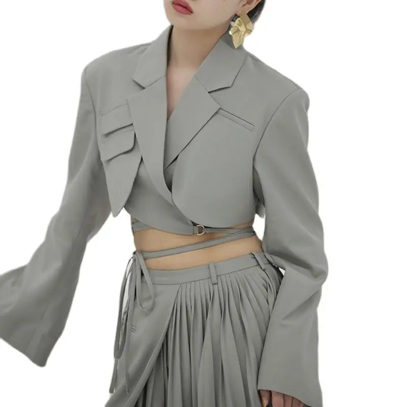 

2021Elegant Blazer for Women Notched Long Sleeves Lace Up Bowknot Female Spring Fashion New Coat