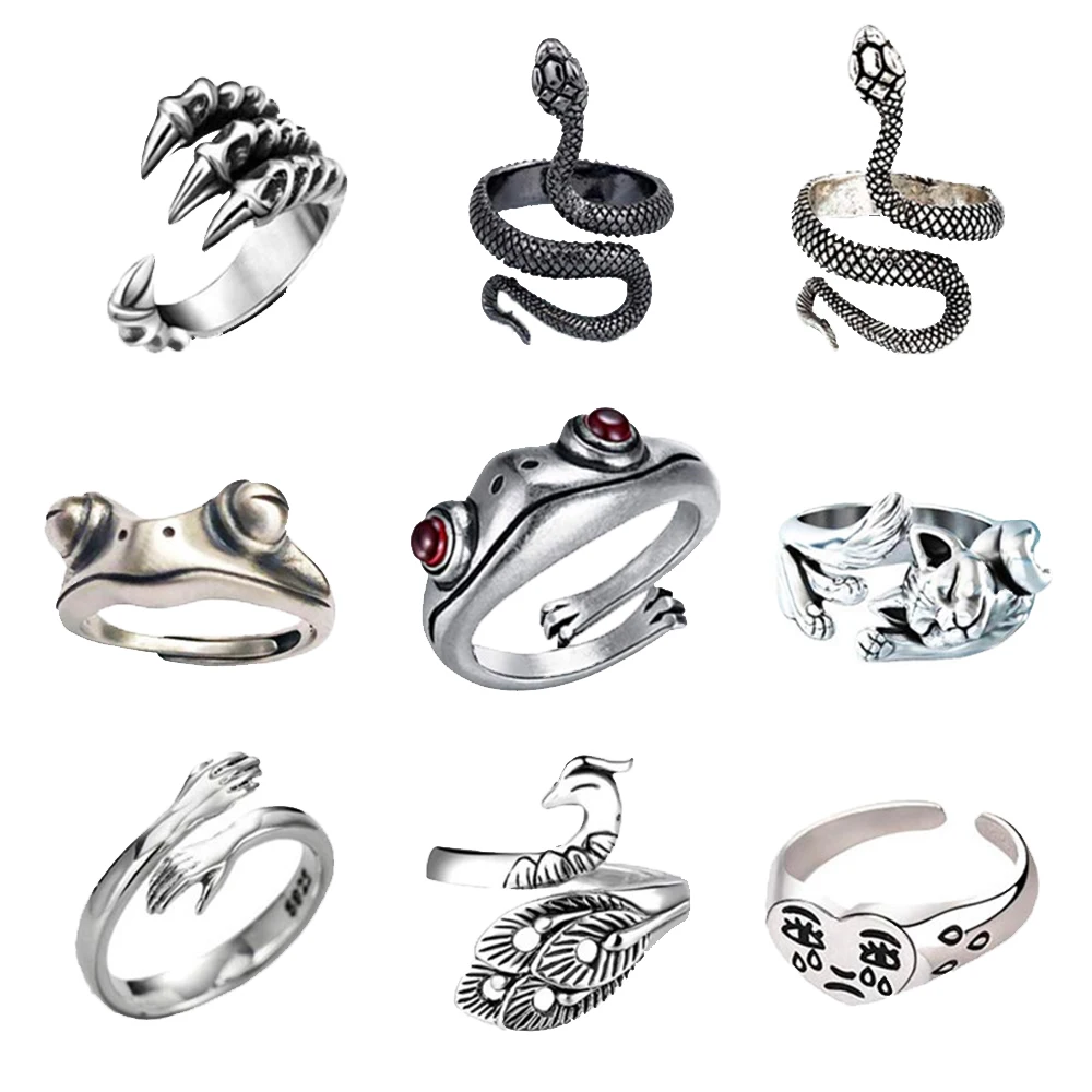 

Ancient silver Set of 9 New Retro Animal Rings Punk Exaggerated Spirit Ring Fashion Personality Stereoscopic Opening Adjustable