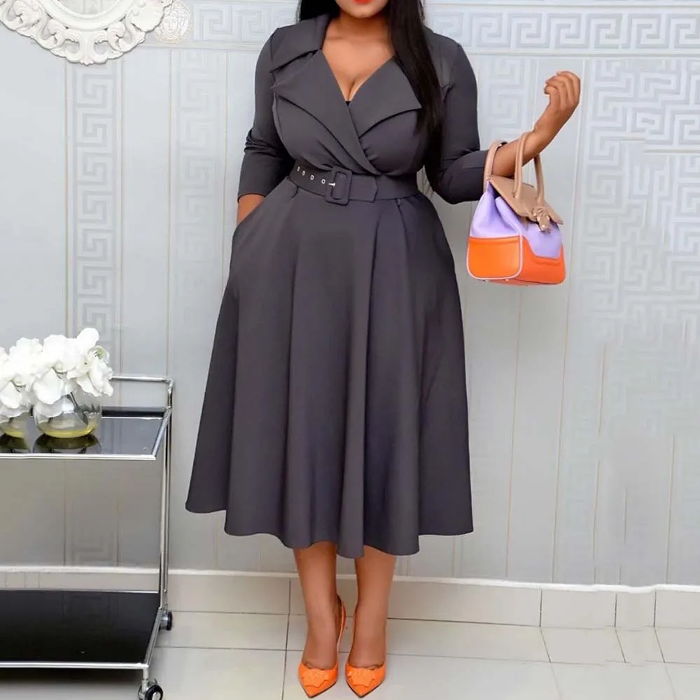 Женское офисное платье миди с глубоким V образным вырезом отложным воротником