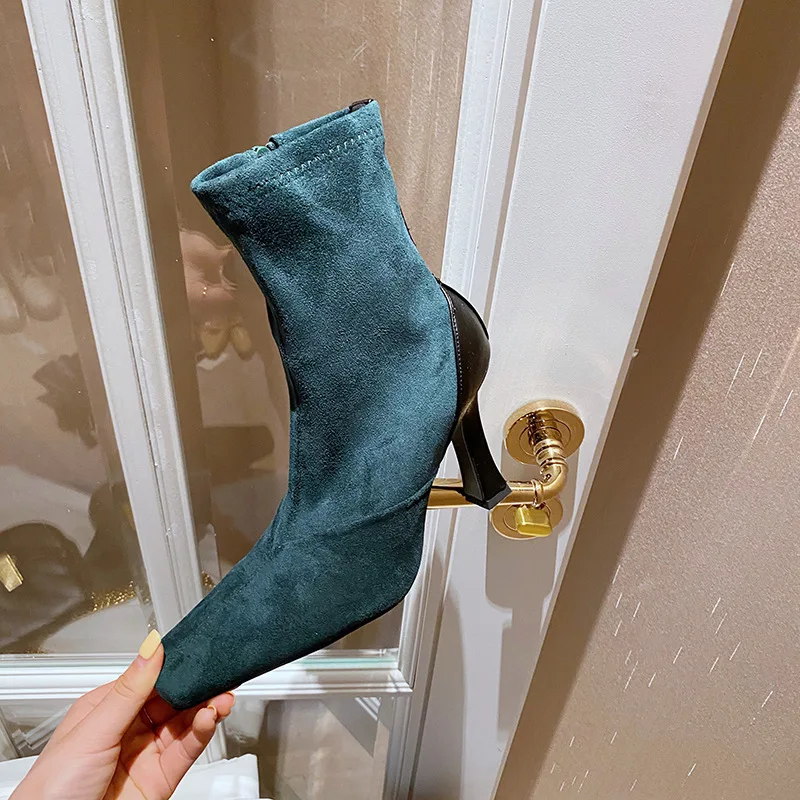 

LEOPRAD LAND 8cm Heels New Women's Shoes Thin High Heels Elastic Short Boots Square Head Side Zipper Women's Boots CWF