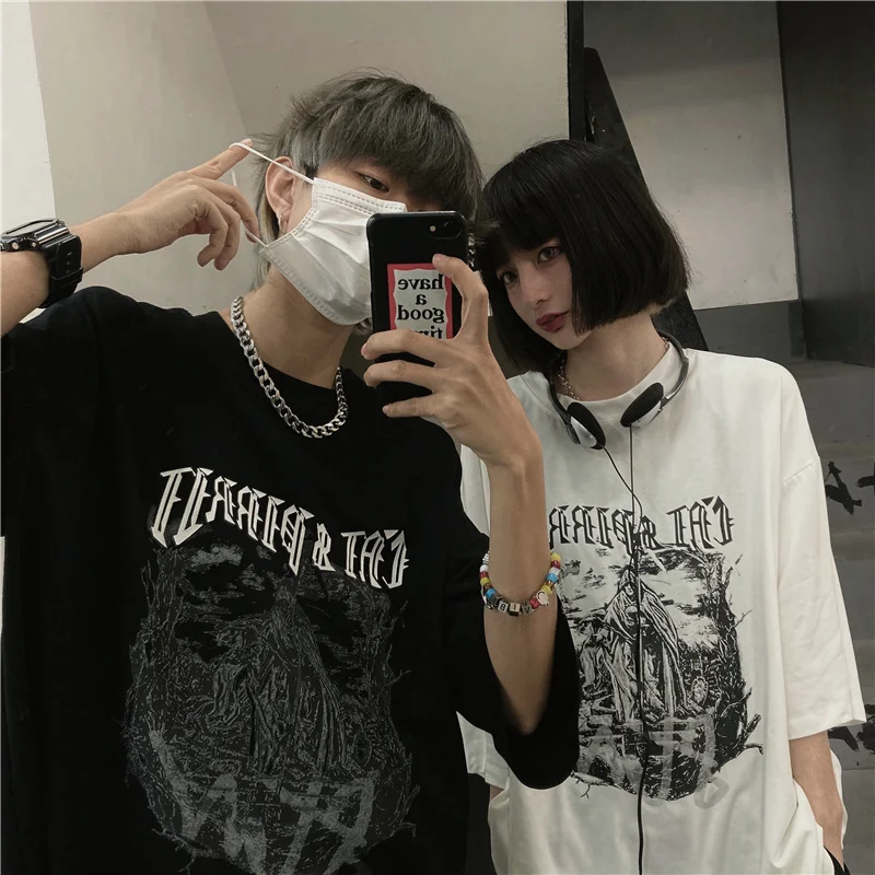 

Harajuku Kawaii Anime Cartoon Print Black Clothes Summer Korean Streetwear Women T-Shirts Short Sleeve Vintage Cotton Loose Tops
