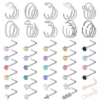 zs 60pcslot nose piercing rings stainless steel nose hoops 18g straight nose studs cz l shape nose piercing screw shape studs