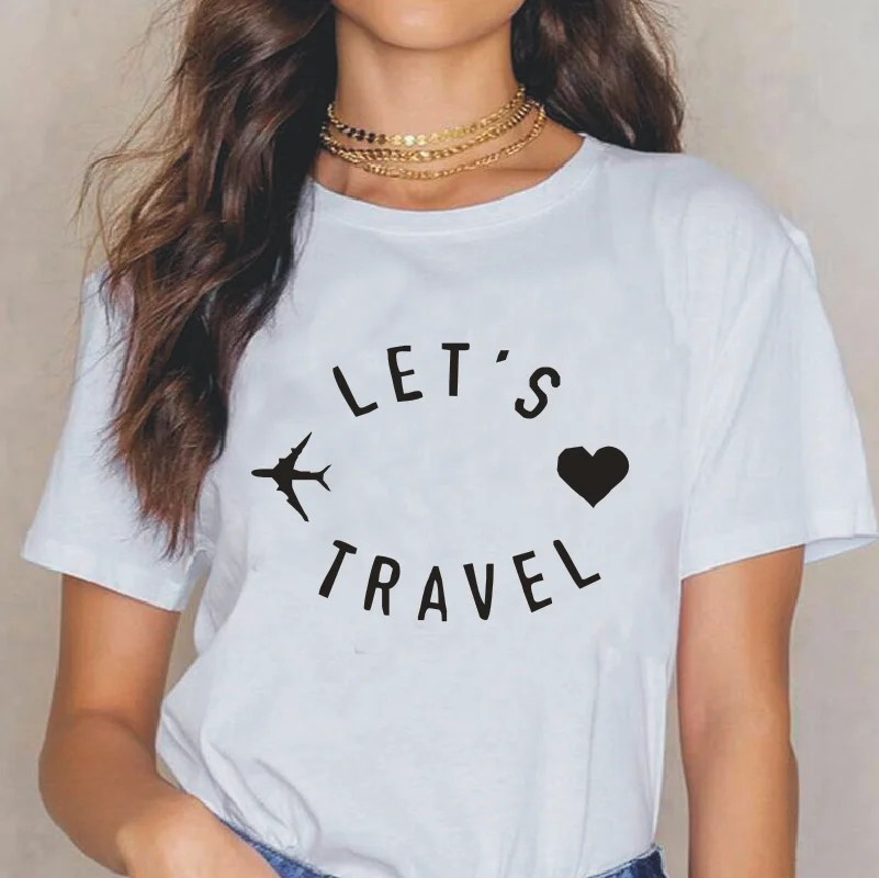 Женская футболка с принтом Let's Travel Новые повседневные хлопковые футболки в