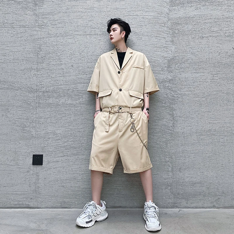 

One piece suit hip hop summer work clothes short sleeve one suit one piece street style retro Japanese shorts for men and women
