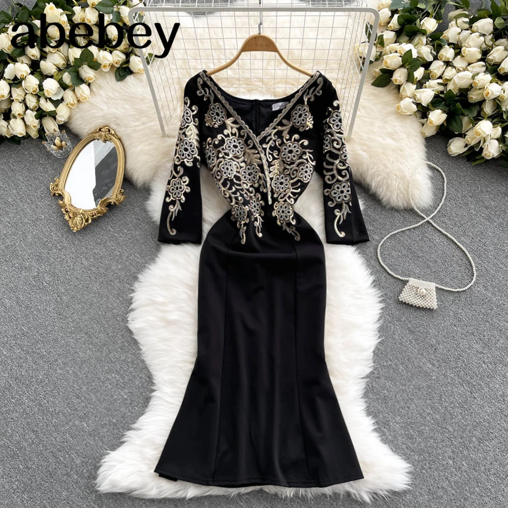 

High Quality Sequins Embroidery Party Dress Female Elegant Long Sleeve Mermaid Dress Fashion Streetwear Autumn Dress