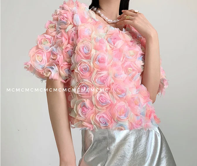 

Super Fairy Blouse for Women Summer Crop Top Three-Dimensional Flowers Short Sleeve Short Chiffon Shirt Ladies Girls Pink Tops