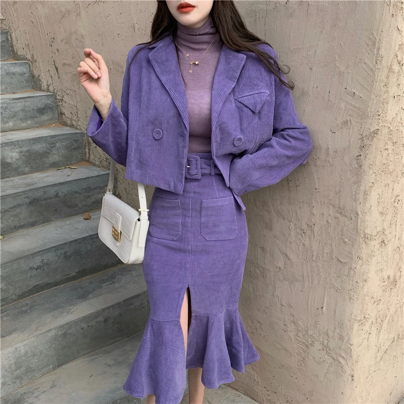 

Zoki Vintage Corduroy Women Two Piece Sets Elegant Blazer Short Jacket Autumn Korean Belt High Waist Ladies Purple Mermaid Skirt