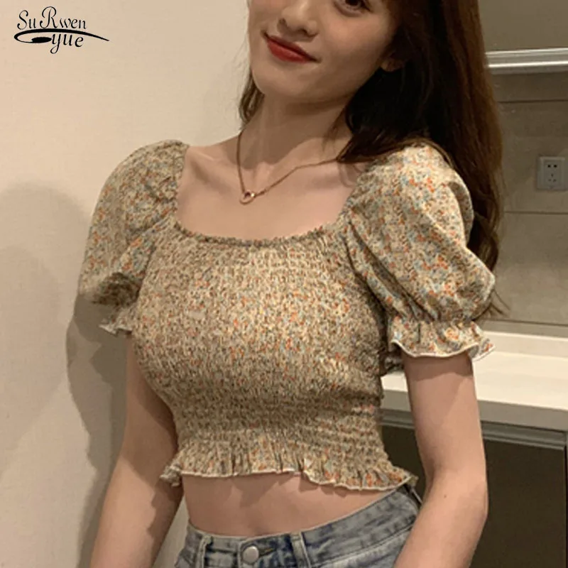 

Blusas Летняя короткая рубашка с принтом, шифоновый укороченный топ, Женская милая блузка с рюшами и квадратным воротником, повседневная женск...