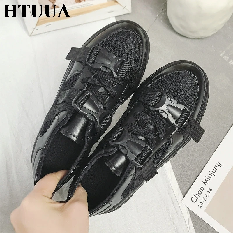 HTUUA/модные кроссовки на плоской платформе с дышащей сеткой; женская обувь из Вулканизированной Ткани; Цвет черный, белый; повседневная обувь на толстой мягкой подошве; SX2290