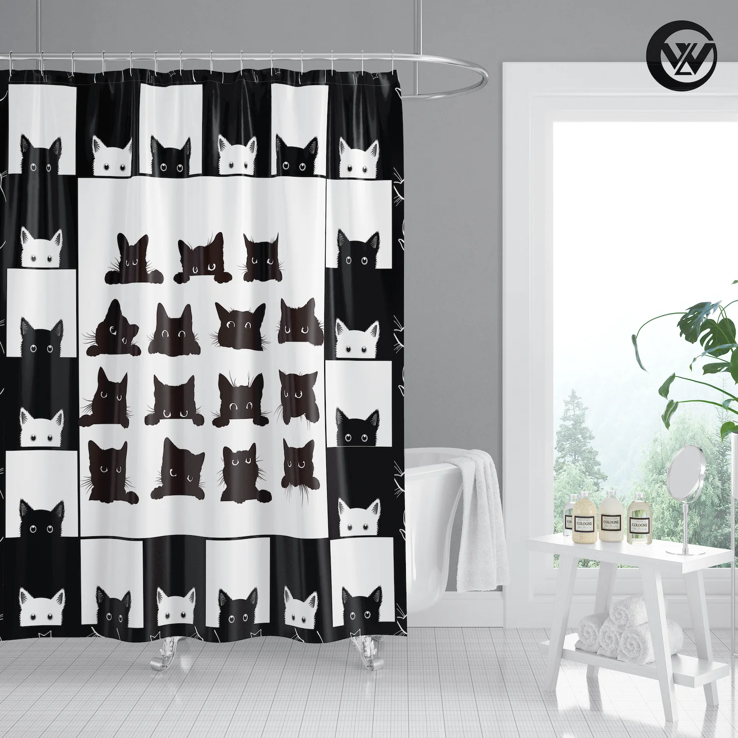 Fancy Printed Creative Cartoon Black And White Cat Children Bath Shower Curtain, Wholesale Free Waterproof Bathroom Curtain