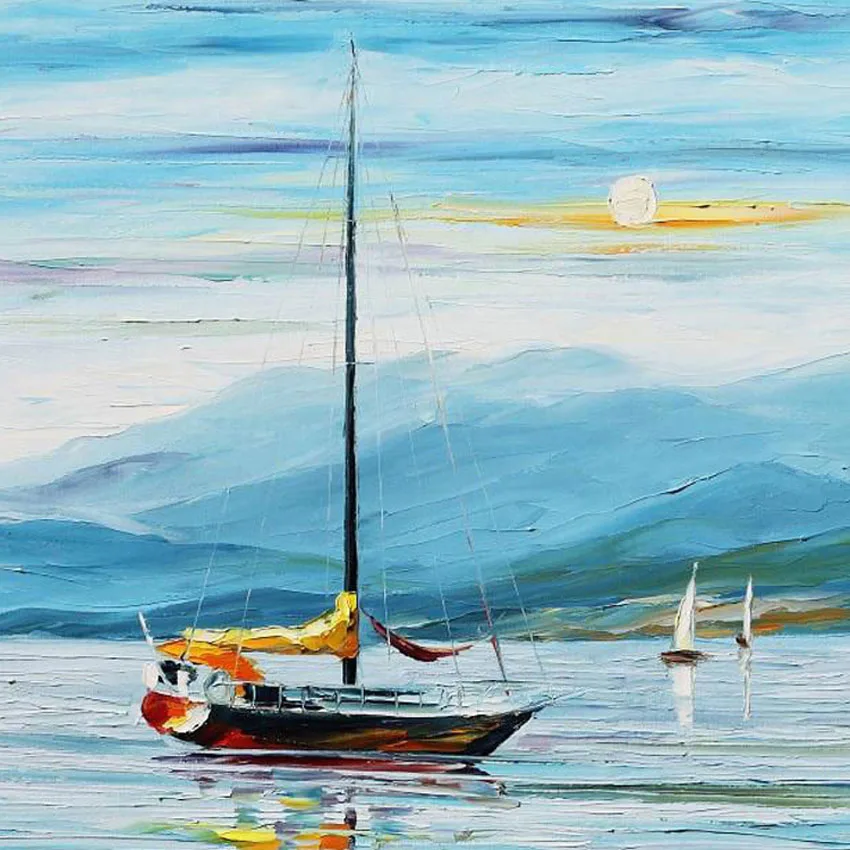 

Natural blue sea scenery painting sailboat for wall decoration Hand drawn canvas oil painting wall art picture for living room