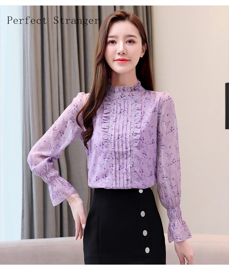 Женская шифоновая блузка с цветочным принтом корейский стиль воротник-стойка