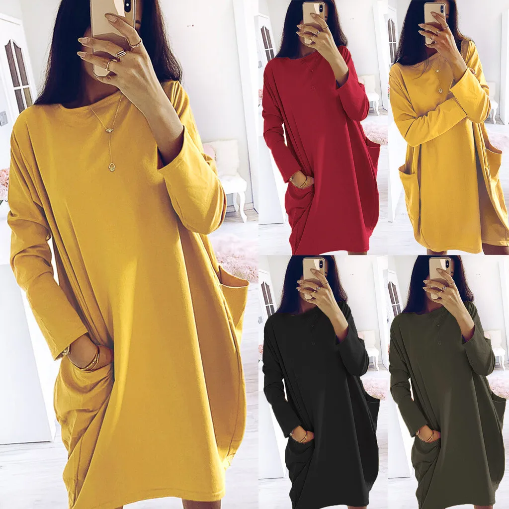 Простое однотонное платье размера плюс для женщин с длинным рукавом и карманами