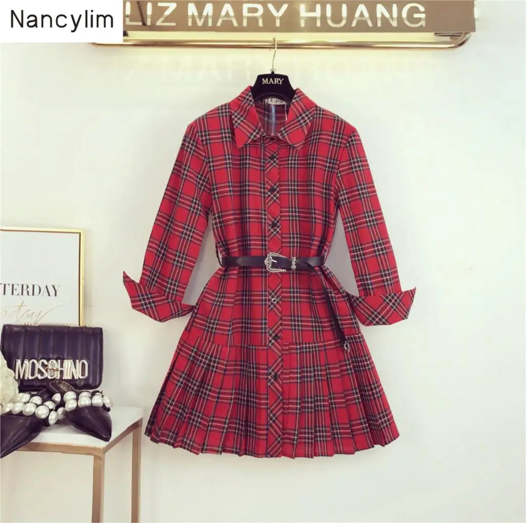 Женское винтажное платье в клетку красное плиссированное платье-рубашка с