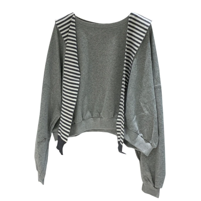 

Dongdaemun 2020 new solid-color long-sleeved round-neck hoodie + knitted striped shawl two-piece set