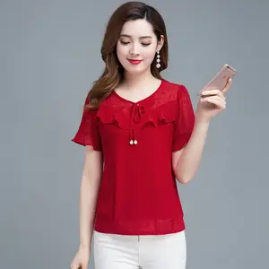 Блузка женская шифоновая с оборками, однотонная Элегантная Повседневная рубашка с круглым вырезом и коротким рукавом, DD8663, весна-лето