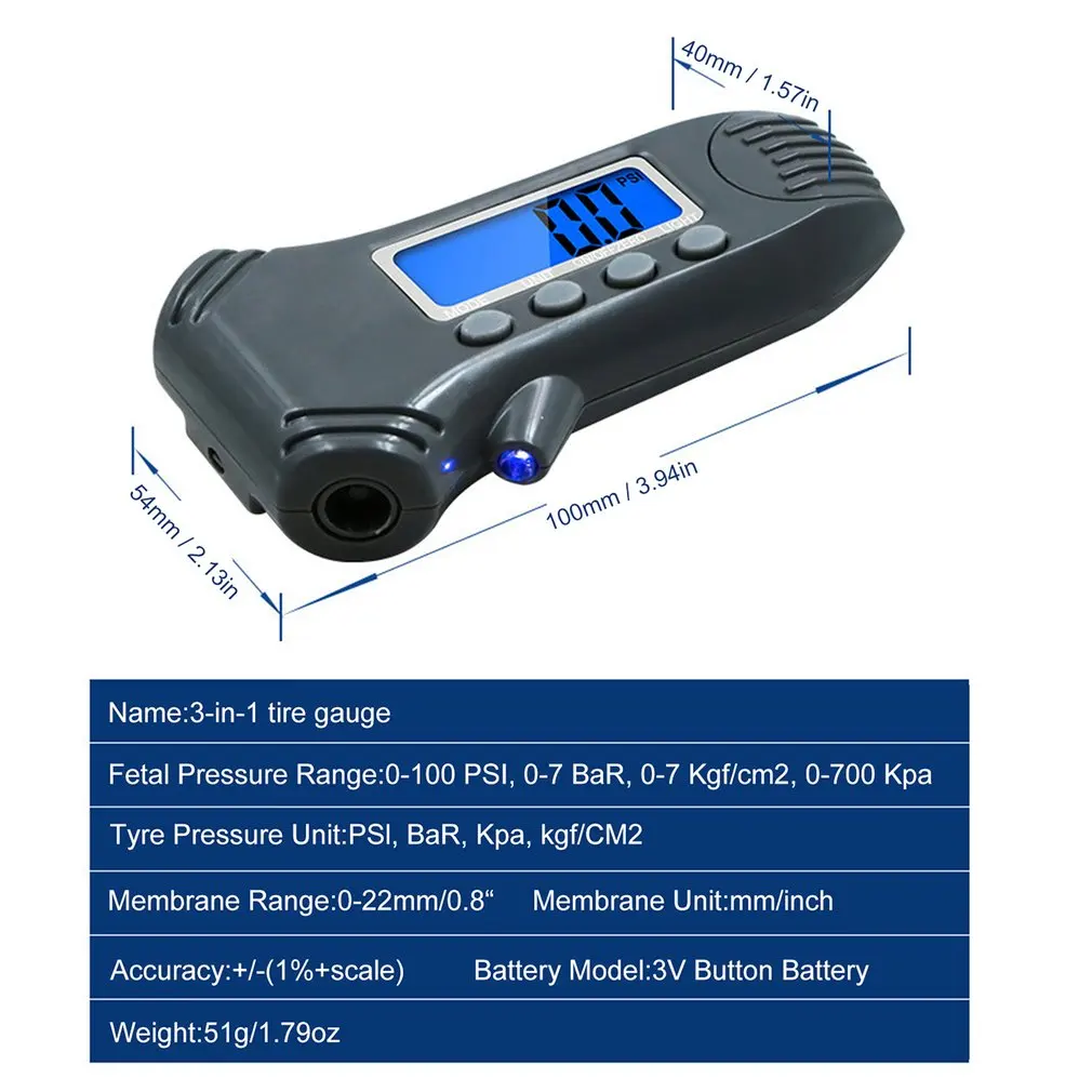 

3-in-1 Digital Tire Pressure Gauge Car Tread Depth Gauge Tire Pressure Monitoring Tool LCD Display 100 PSI Meter