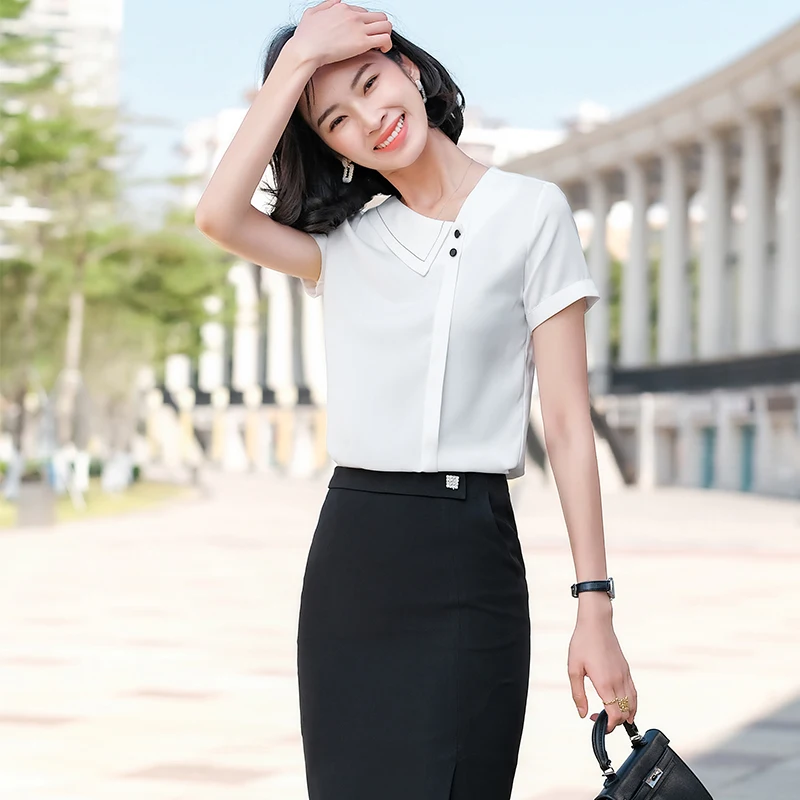 

Блузка Женская Офисная с юбкой и топом, Модный комплект из 2 предметов, топ с коротким рукавом, белая рубашка для работы, на лето