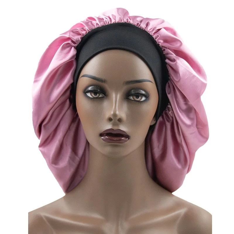 

New Style Ladies Silk Beauty Hair Band Shower Wide Brim Dig Shower Cap African Style solid Color Loose Comfortable Night Hat