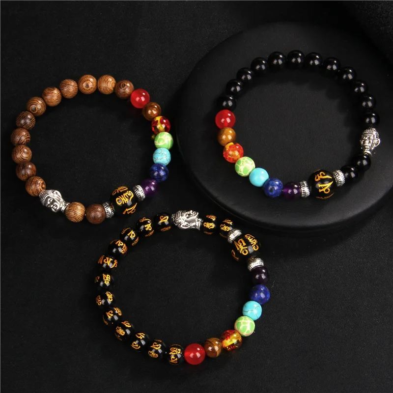 

Natural Tiger Eye Black Lava Stone Bracelet for Women Men Yoga Healing Prayer Beads Bracelet Buddha Head 7 Chakra Charm Bracelet