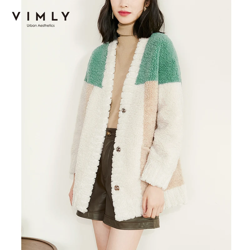 

Куртка Vimly 2020 из искусственного меха, женская модная однобортная Толстая теплая куртка с V-образным вырезом и контрастными карманами, винтаж...