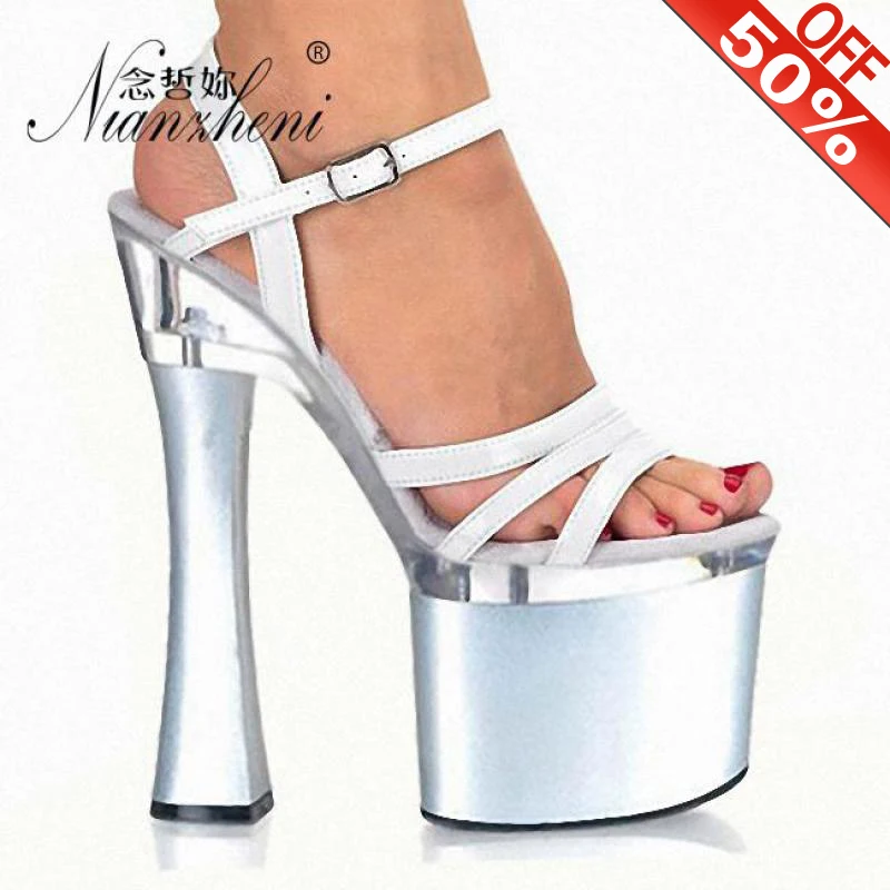 

8 inches White Ribbons High heels Coarse heel Nightclub Stage Show Sxey Pole dance shoes Models Party Stripper heels Full dress